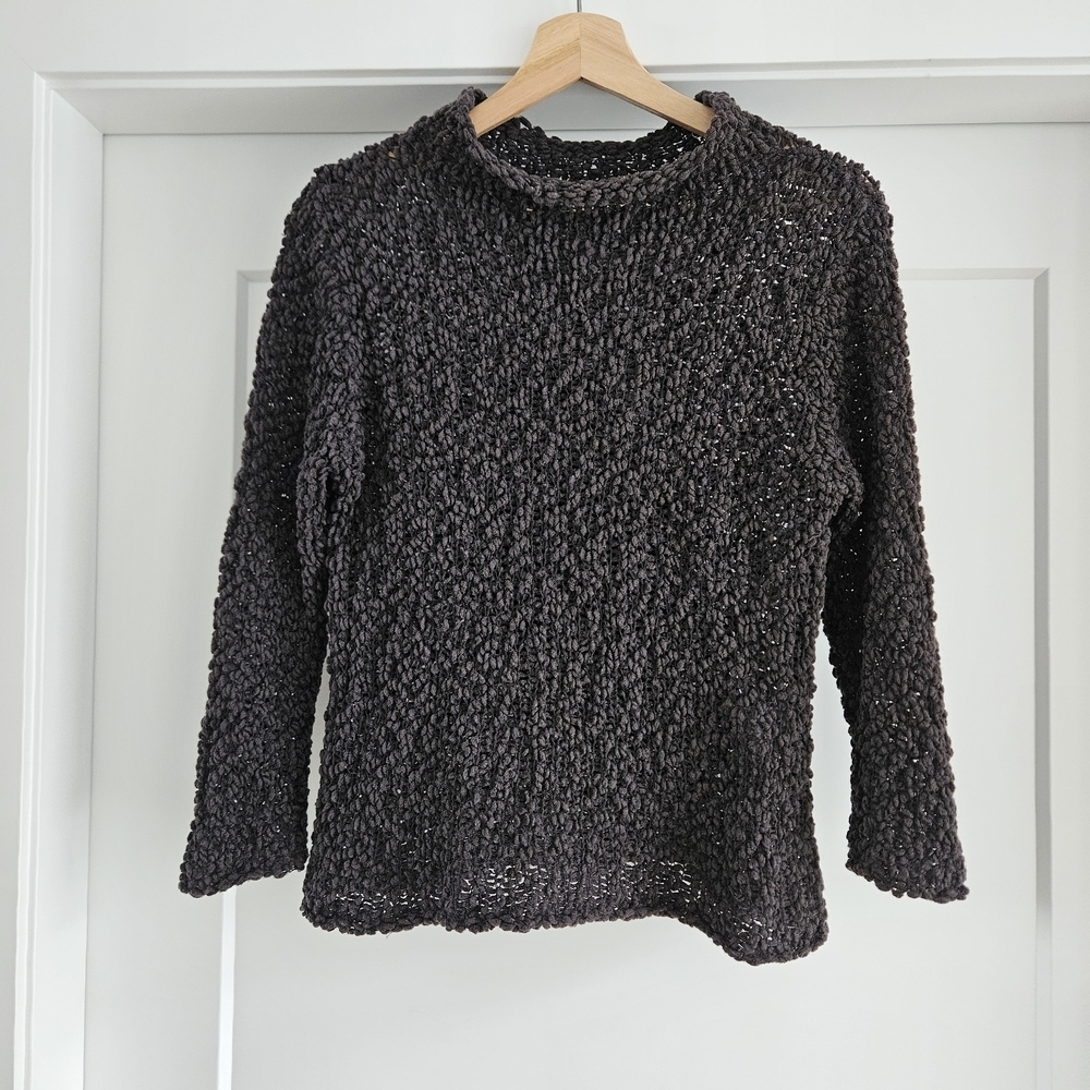 Eileen Fisher Dark Brown Bouclé Textured Open Knit Cowl Neck Size Small Wool